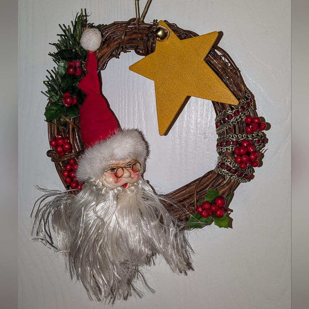 Small Handmade Wreath with Vintage Santa Doll & Wood Star
